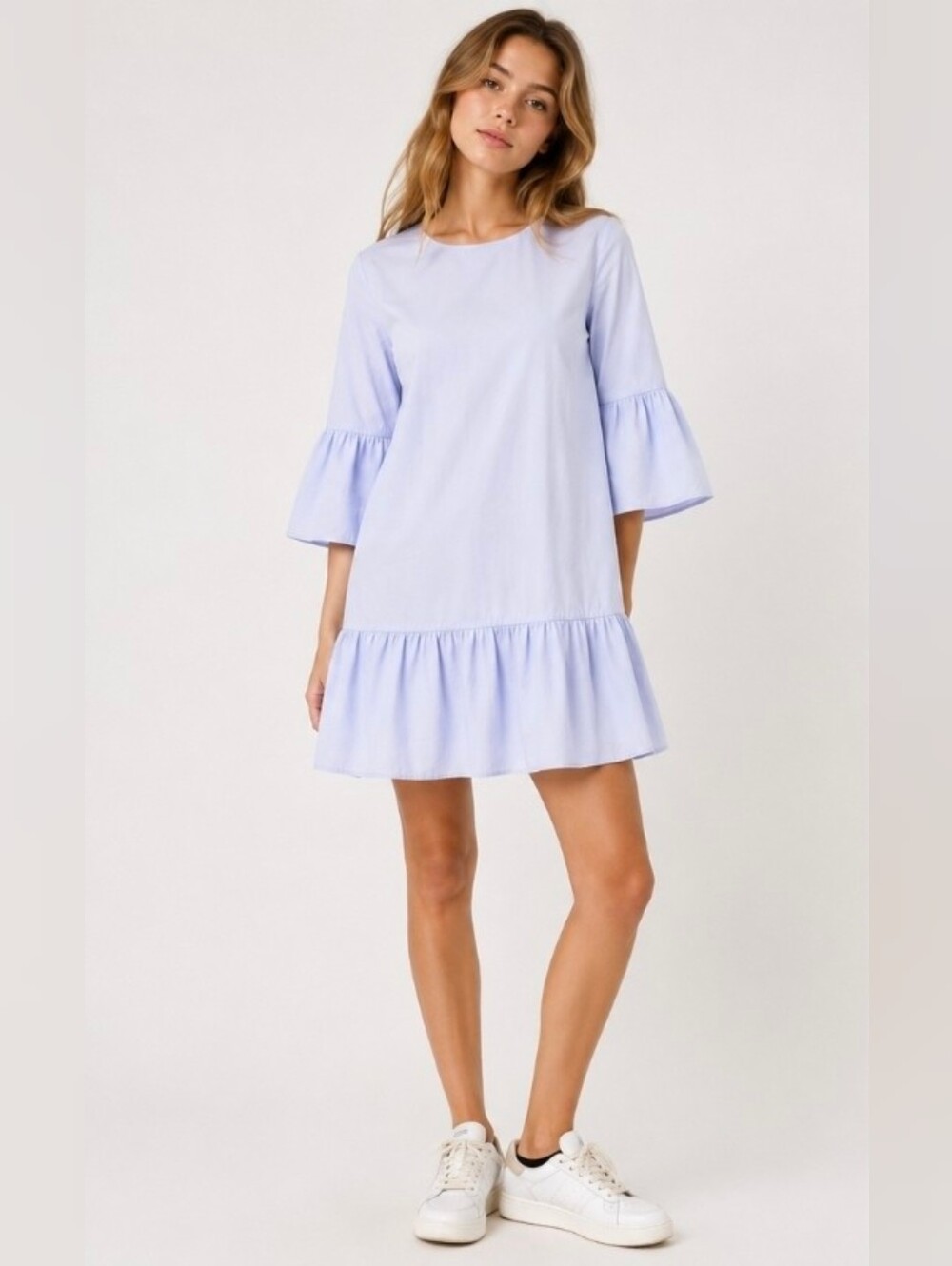 ZARA Pastel Blue Baby Blue Bell Sleeve Ruffle Hem Cotton Mini Dress Small
